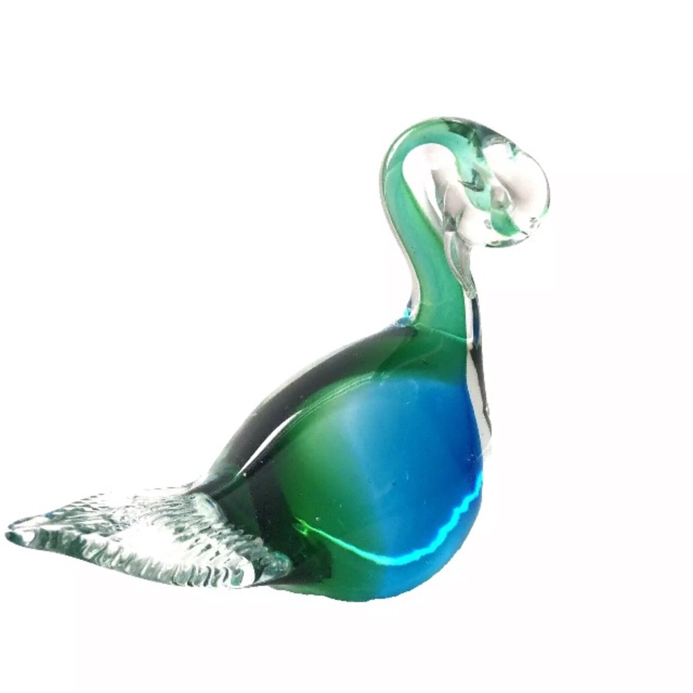Murano Art Glass Swan Sommerso Green and Blue Cased in Clear Hand Blown Vintage